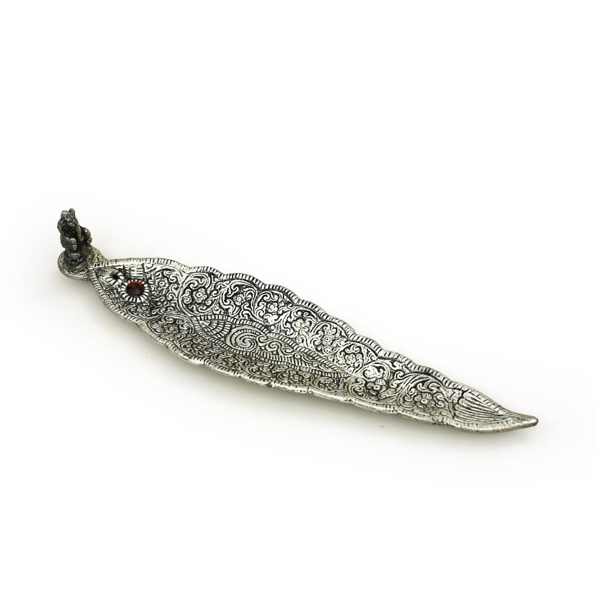 Ornate Metal Ganesh Large Leaf Incense Burner - 8.5”X2”X1.5”