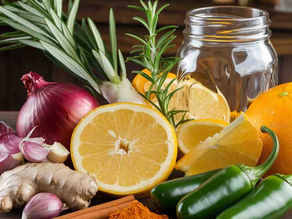 Fire CiderFresh Ingredients, Onion, Rosmary, Orange, Garlic, and a Glass Jar