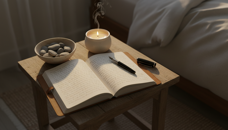 Overhead view of a candlelit journal with a pen and small bowl of stones nearby.