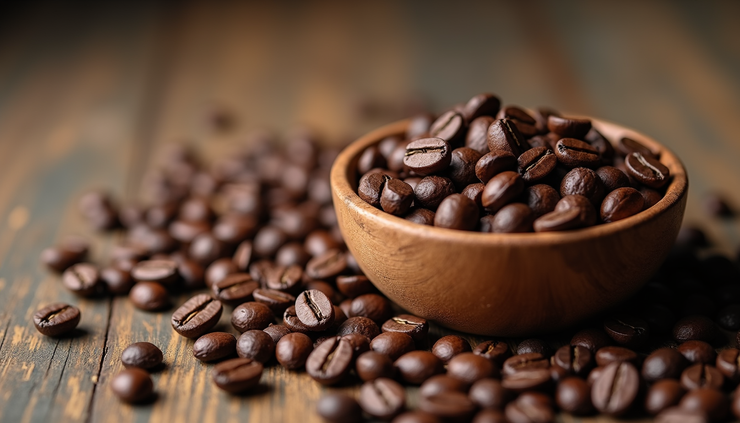 Close-up view of freshly roasted Uncharted Coffee beans in a rustic wooden bowl