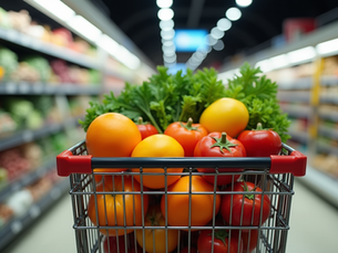 Grocery cart full of fresh fruit and vegetavles.
