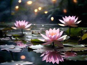 Pink lotus flowers blooming in a misty pond.