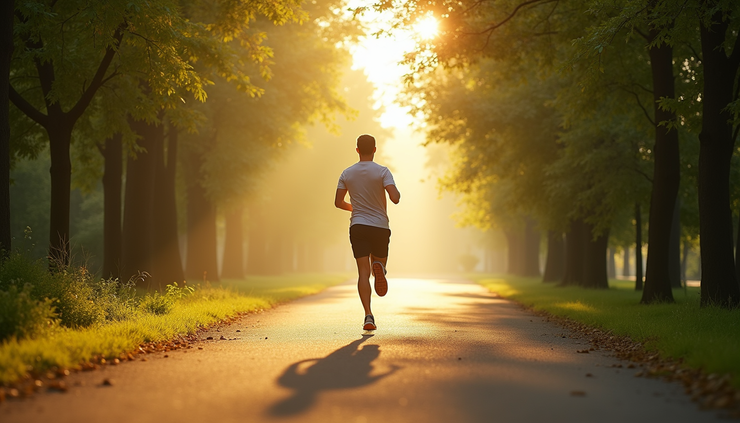 Eye-level view of a person jogging in a green park during morning sunlight
