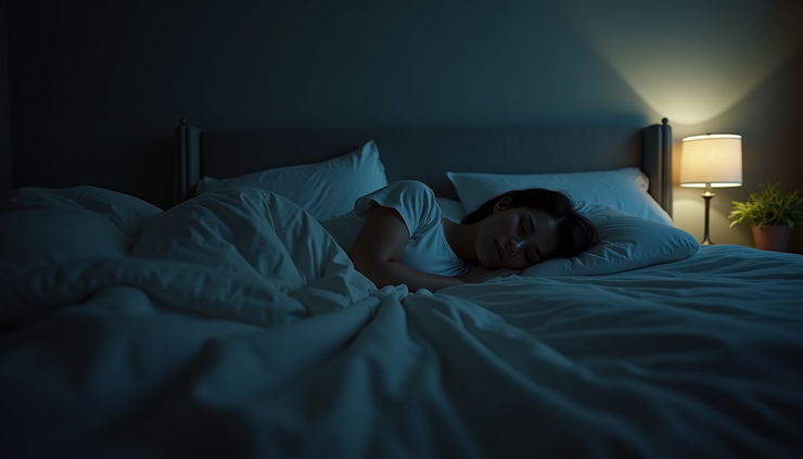 Eye-level view of a dimly lit bedroom with a restless person lying awake in bed