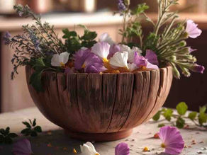 Close up of wooden bowl of floral and herbal botanicals.