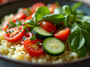 Fresh tomatoes, cucumbers and basil on a bed of couscous