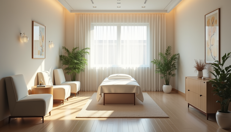 Eye-level view of a hospital Reiki therapy room with soft lighting and comfortable seating