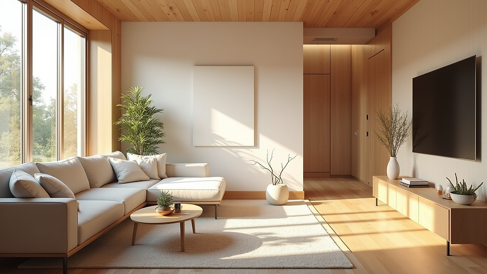 Eye-level view of a sunlit living room with natural wood accents