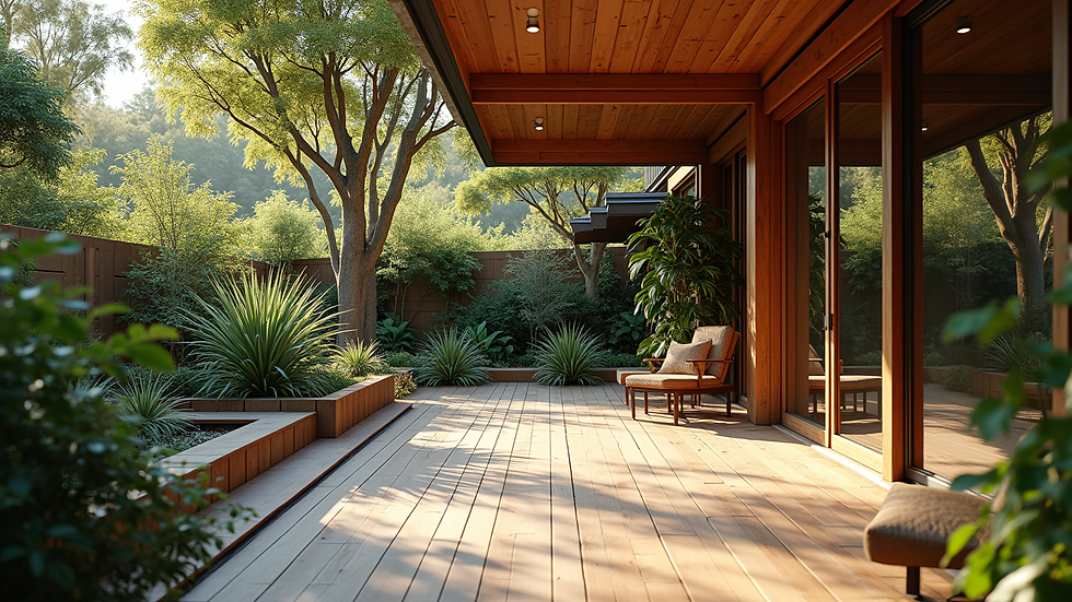 Wide angle view of a shaded outdoor patio with native plants and timber decking