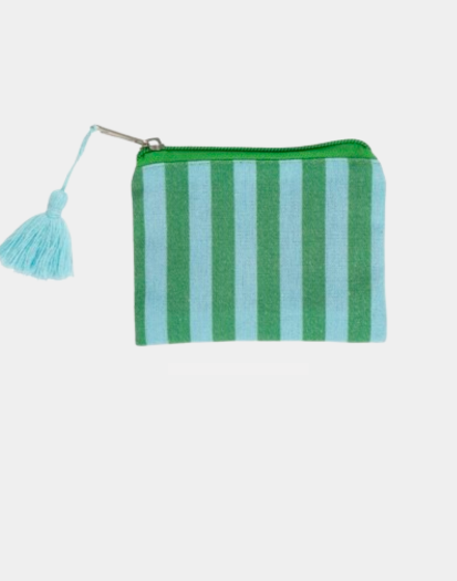 Monedero con cremallera y fleco verde y azul