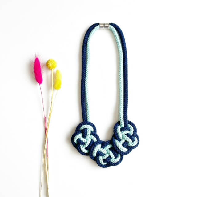 Thumbnail: Two-toned Cotton Handmade Necklace in Mint and Navy