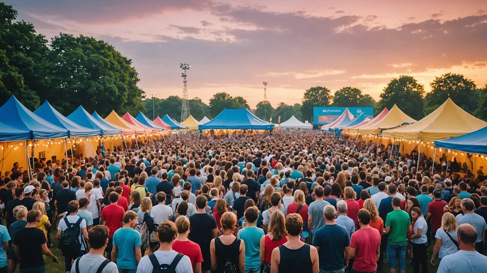 Eye-level view of a vibrant outdoor fundraising festival