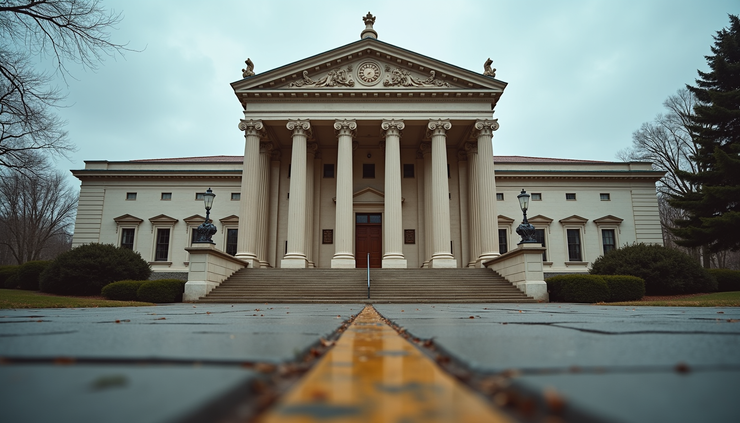 Eye-level view of a historic courthouse facade symbolizing justice and constitutional law