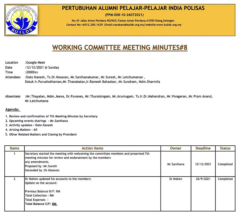 WORKING COMMITTEE MEETING MINUTES # 8