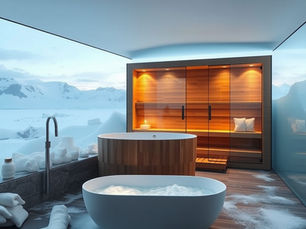 Luxury spa bathroom with two soaking tubs, candles, towels, and a sunset mountain view through glass