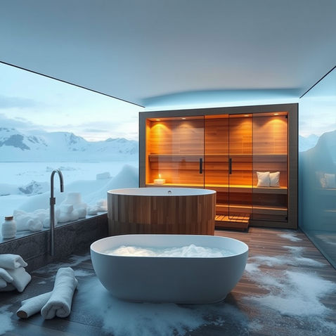 Luxury spa bathroom with two soaking tubs, candles, towels, and a sunset mountain view through glass