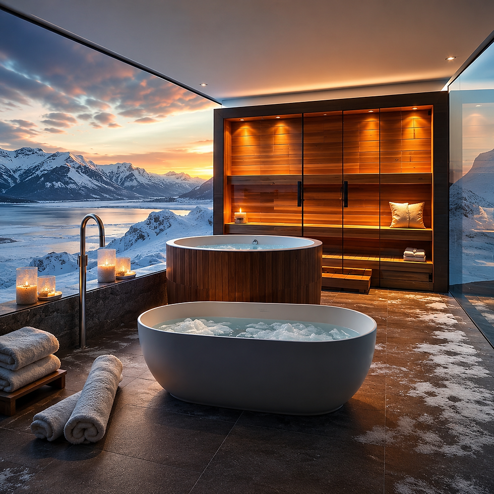 Luxury spa bathroom with two soaking tubs, candles, towels, and a sunset mountain view through glass