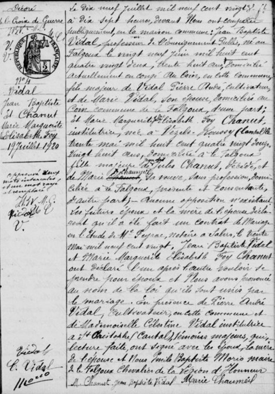 Acte de mariage de Jean-Baptiste Vidal et Marguerite Chanut ( source: Archives départementales du Cantal)