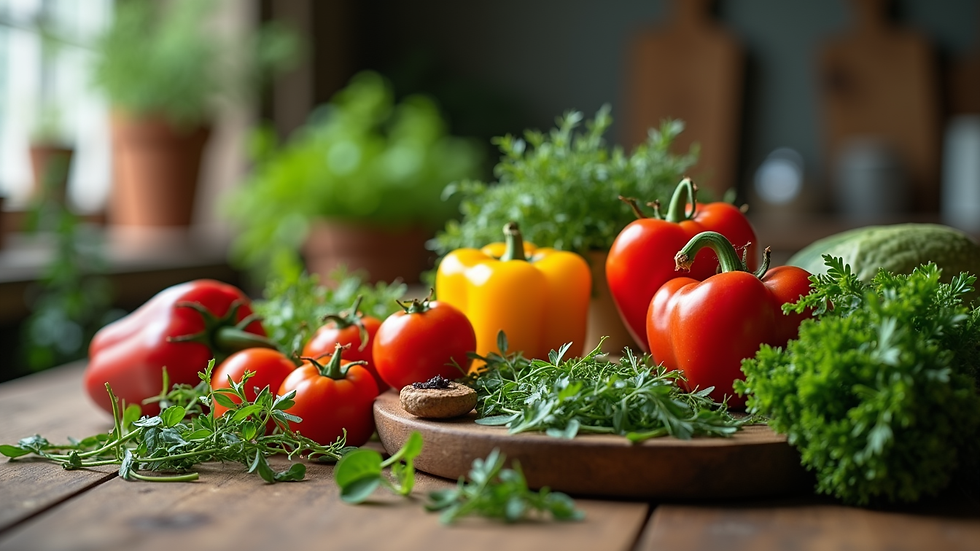Eye-level view of a rustic wooden table filled with fresh vegetables and herbs