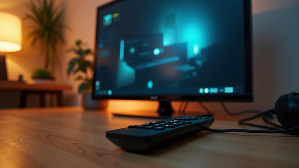 Eye-level view of a TV setup with cables and remote control on a wooden table