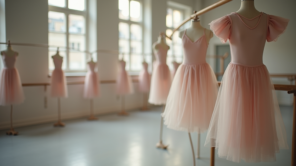 Eye-level view of a ballet studio with neatly arranged ballet attire on display