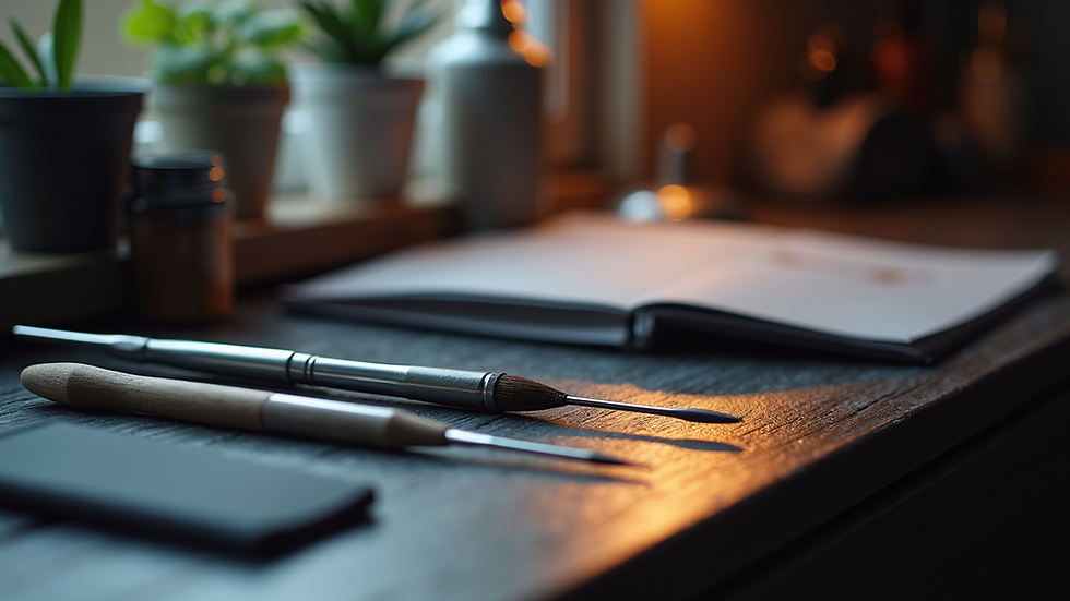 Close-up view of a permanent makeup artist's tools arranged neatly on a table