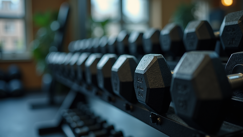 Close-up view of neatly arranged dumbbells on a rack in a home gym