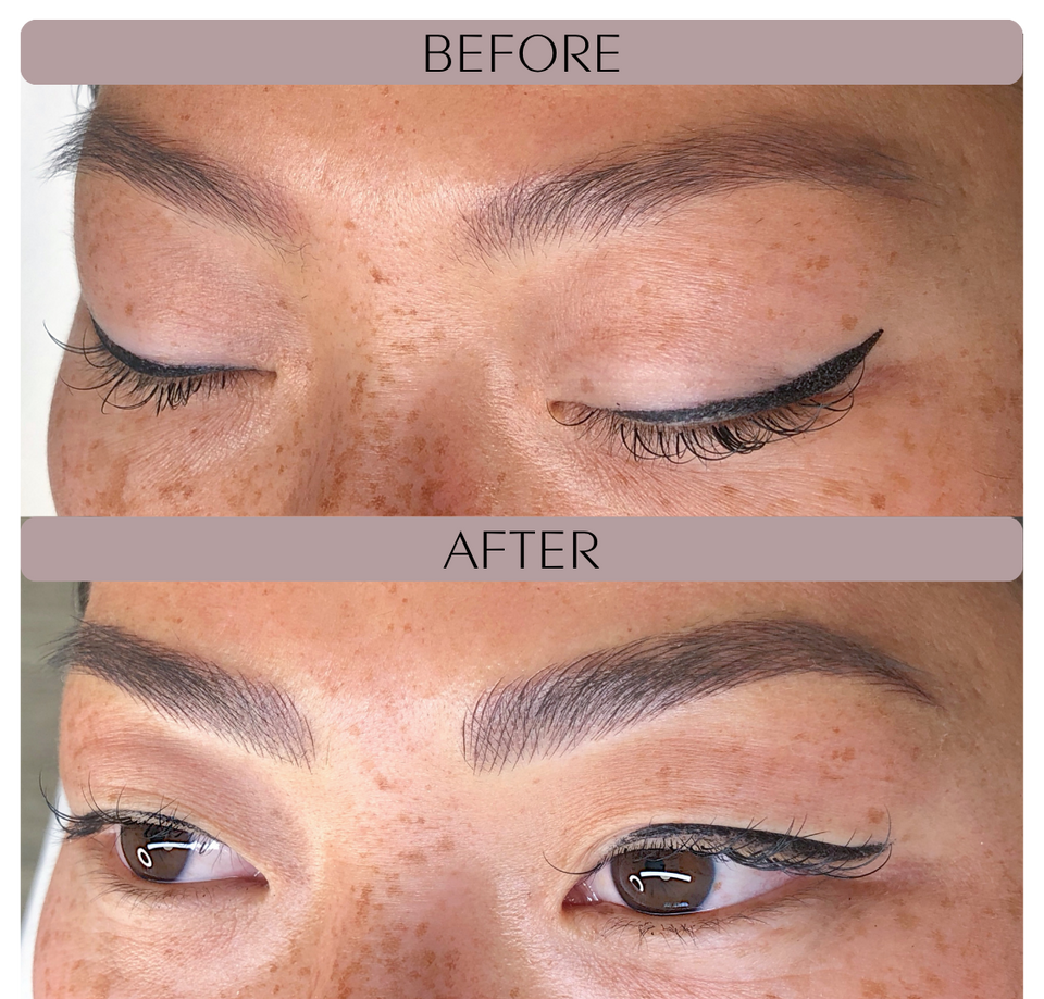 Before and after photos of client showing fuller eyebrows after microblading