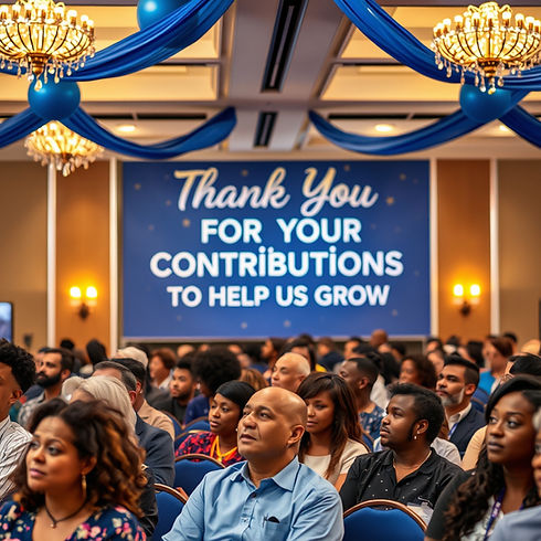 Thank you for your contribution conference with blue and gold and silver decor with a ethn