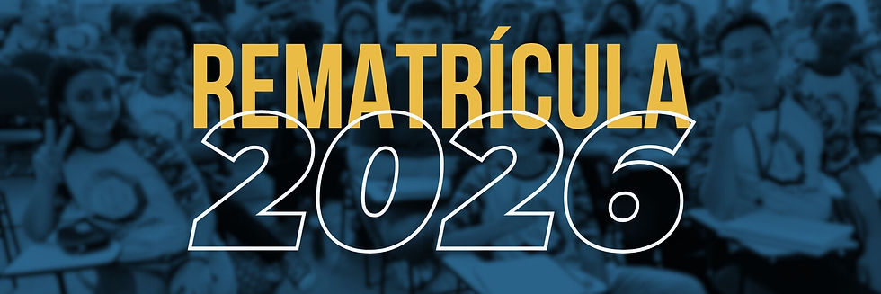 Título em destaque que diz: rematrícula 2026. Foto de fundo de uma sala de aula do super turma com alunos felizes e acenando para foto.