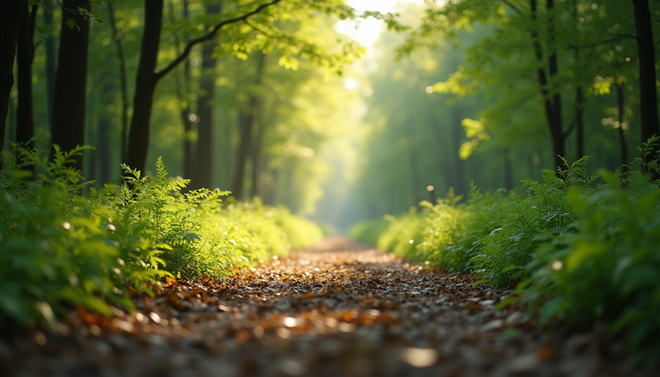 Eye-level view of a quiet forest path with soft sunlight filtering through leaves