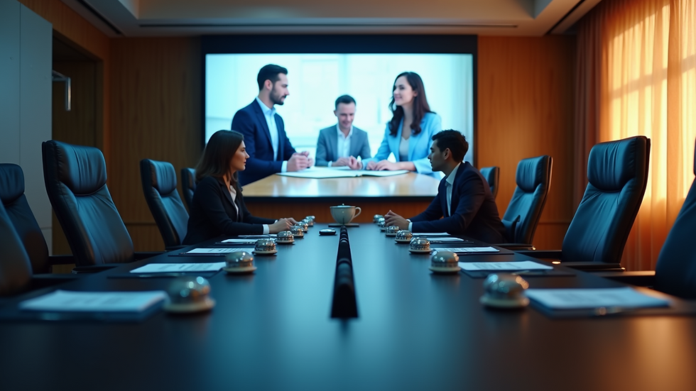 High angle view of a conference room with a large screen showing a virtual board meeting