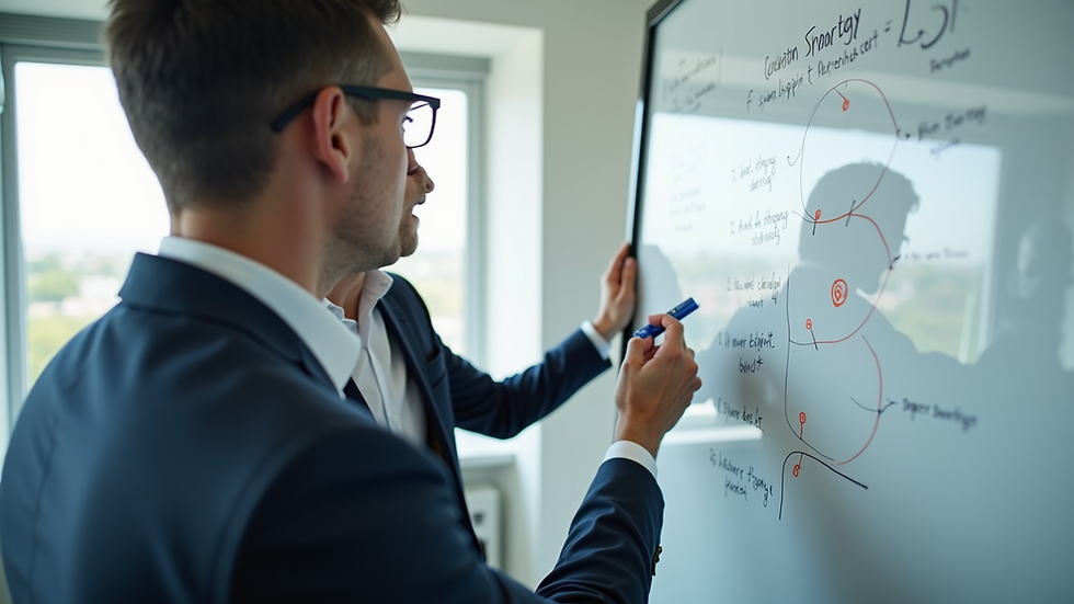 Eye-level view of a consultant explaining strategy on a whiteboard