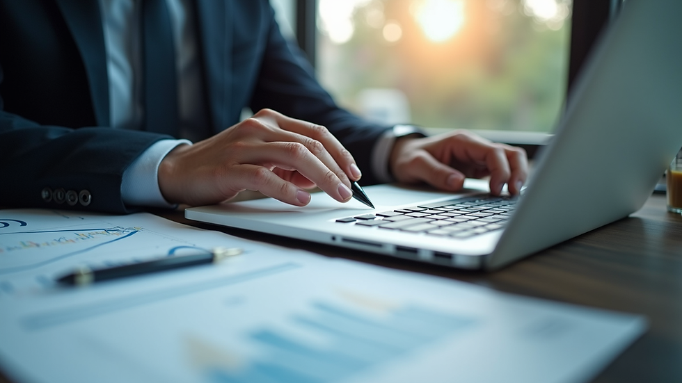 Eye-level view of a business professional analyzing product charts on a laptop