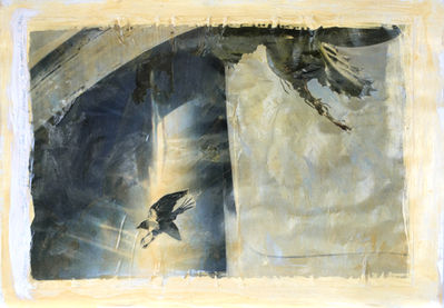 A mixed-media art collage on paper featuring a crow in mid-flight against a softly textured, abstract background. The scene is framed by contrasting elements—an arching shadow on one side and a dark, leafy branch with exposed roots on the other. The composition blends photography and paint, creating an ethereal, layered effect that suggests movement, freedom, and the delicate tension between stillness and flight.