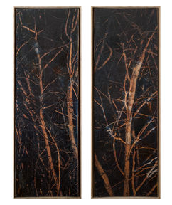 Created using a mixed media technique that layers photographic prints with acrylic paint on hard board, the works depict tangled tree trunks and branches illuminated in a low, warm light against a deep, almost black background. The photo-based base captures real forest scenes, over which paint is applied to emphasize the skeletal rhythm of the wood and the quiet geometry of growth and decay.