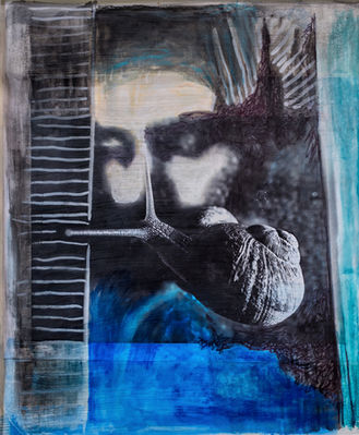 “Slow Slide” contemporary mixed media artwork featuring a black and white snail in the foreground, with abstract textures, blue accents, and a faint human face emerging in the background, exploring time, movement, and transformation.