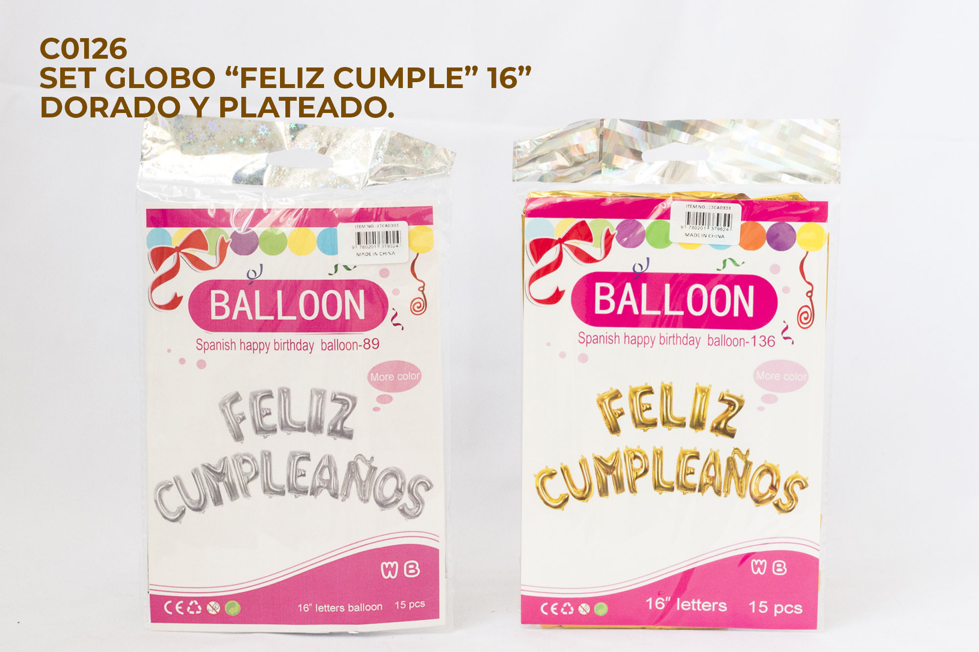 Set Globo "Feliz Cumple" 16" Dorado y Plateado