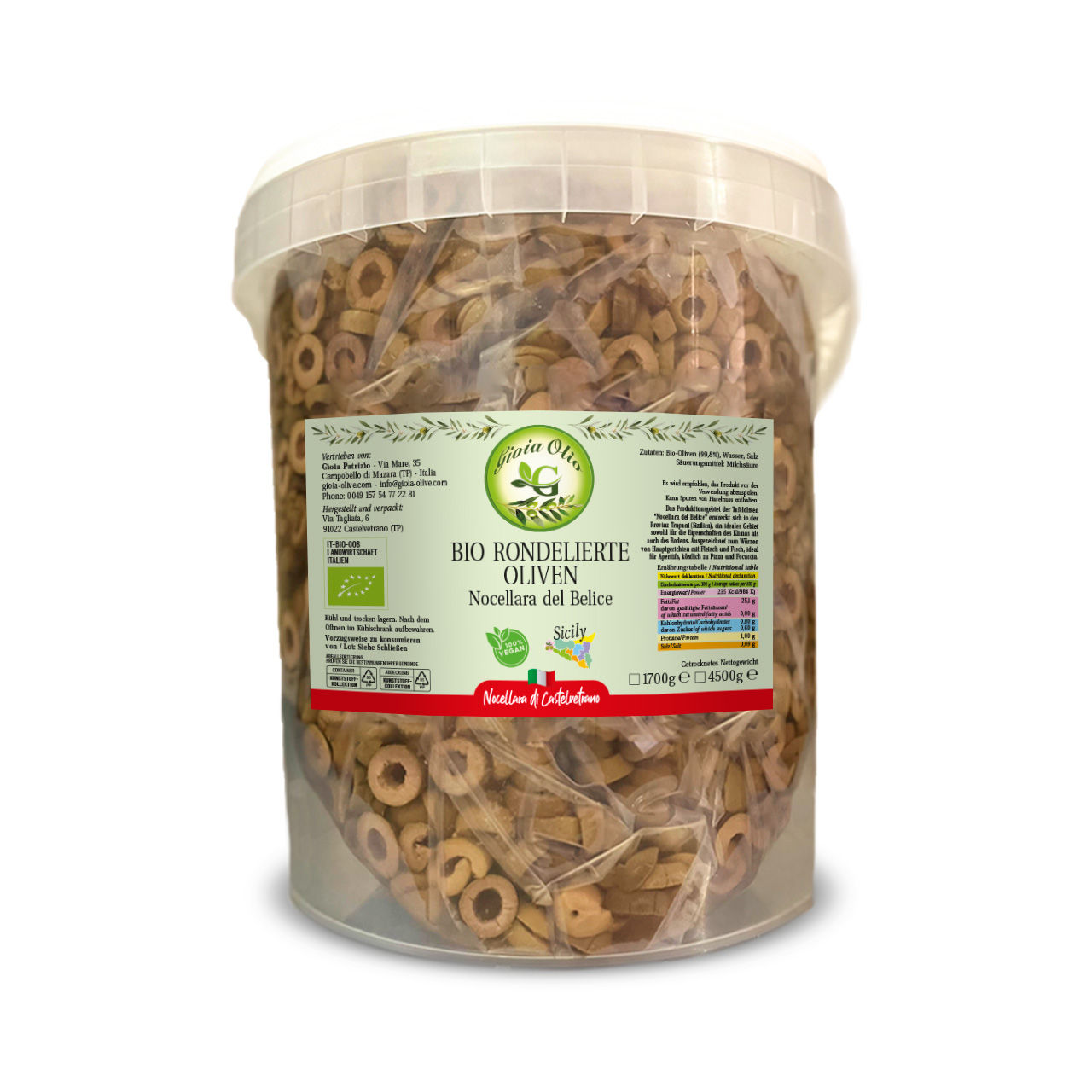 Rounded organic green olives 1700g (in bucket)