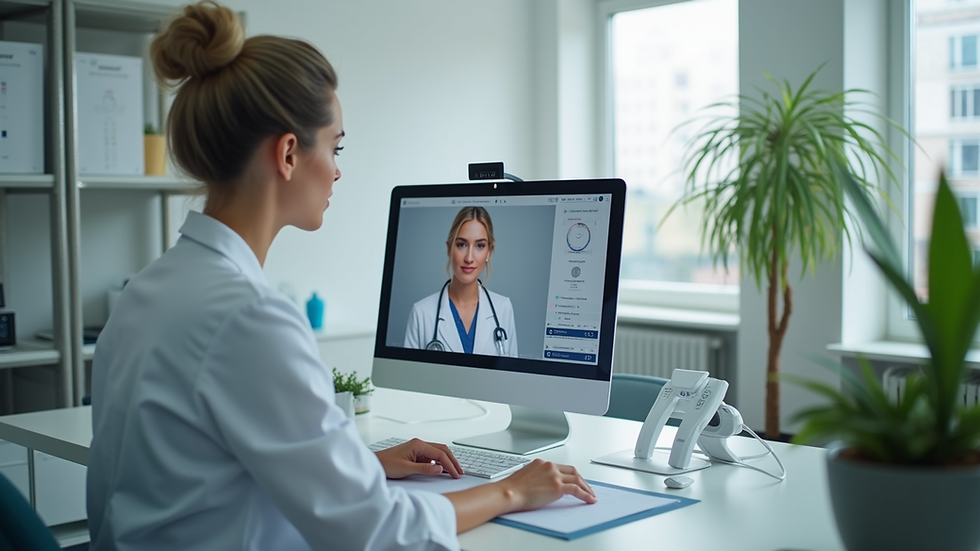 Eye-level view of a dermatologist's office with a computer setup for online consultation