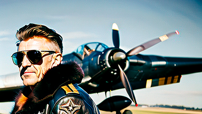 old-corsair-pilot-leather-jacket-with-fur-with-a-black-corsair-airplane-in-background-clos