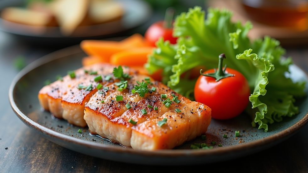 Close-up view of a balanced meal with vegetables and lean protein