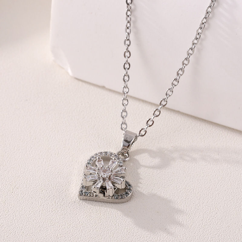 Thumbnail: Trendy Rotation Spin Sunflower Stainless Steel Zircon Necklaces For Women Metal 