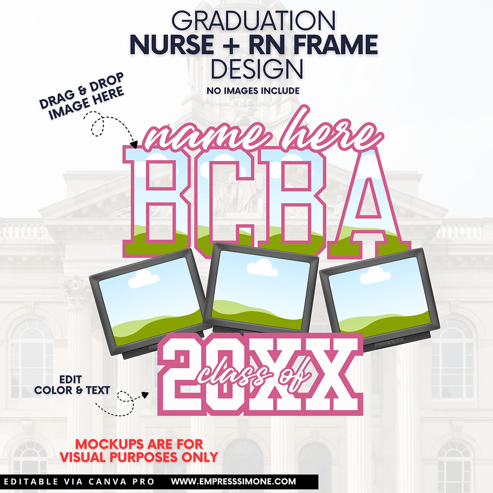 Thumbnail: Editable BCBA frame templates by The Doula Collective, customizable Canva designs for graduation shirts, fans, yard signs, an