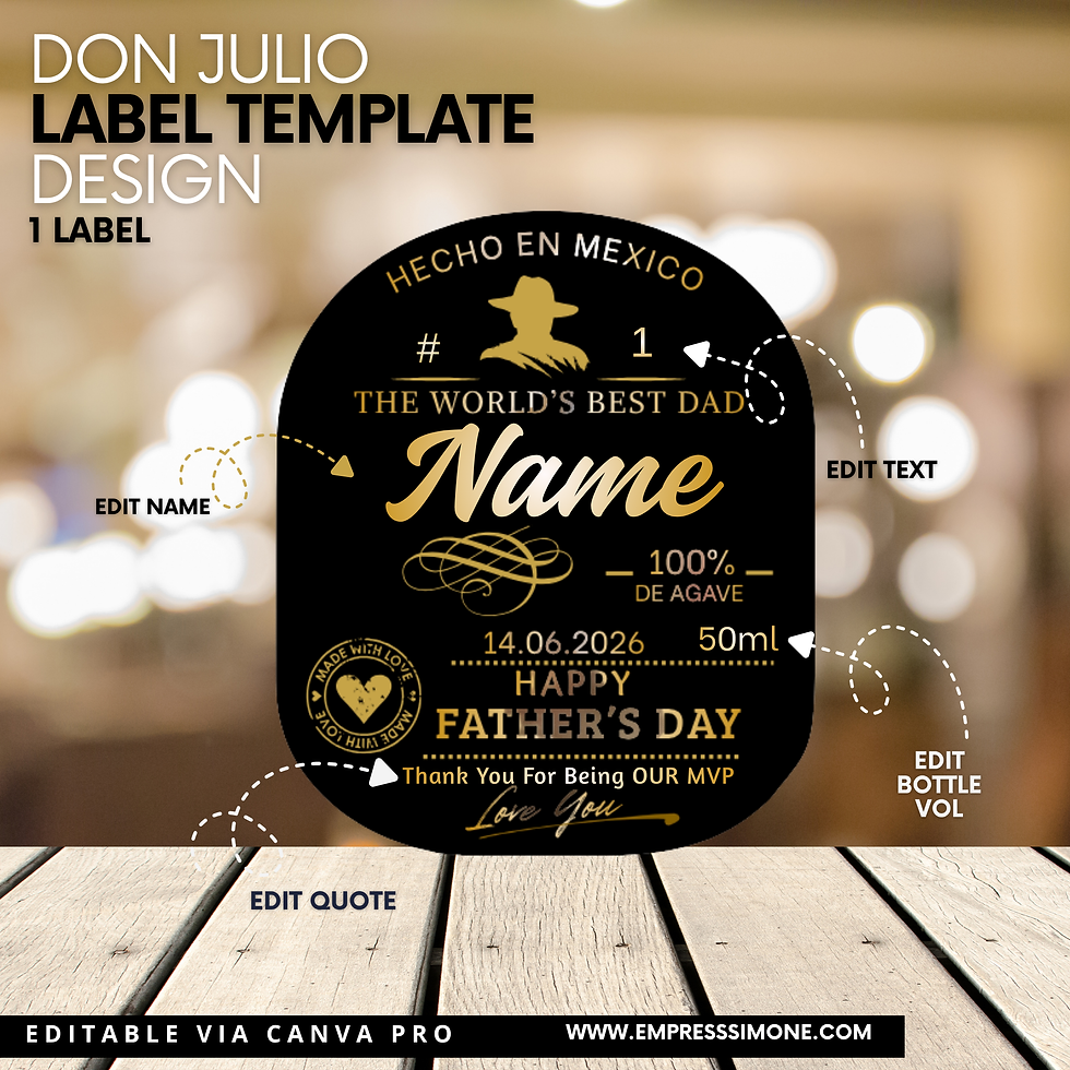 Editable Father’s Day Don Julio-inspired bottle label template featuring luxury black and gold styling designed in Canva
