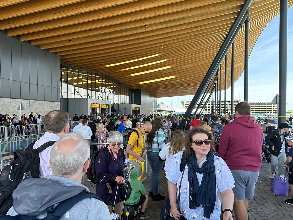 Queues of people waiting outside Horizon Cruise Terminal