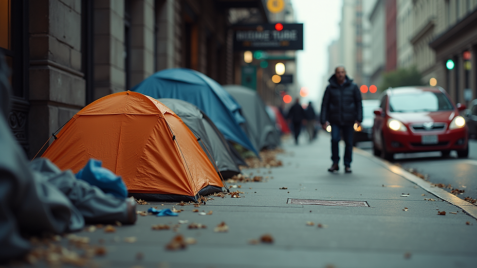 Close-up view of a homeless encampment alongside a busy San Francisco street