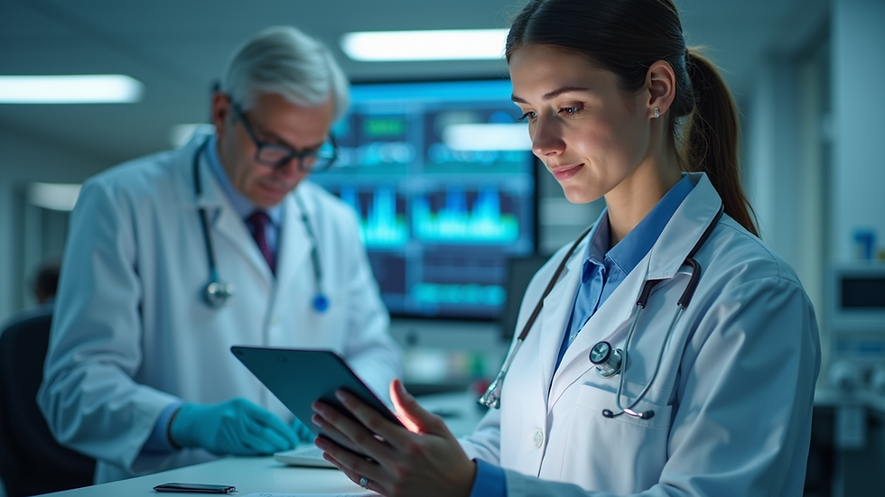 Eye-level view of a healthcare professional reviewing clinical data
