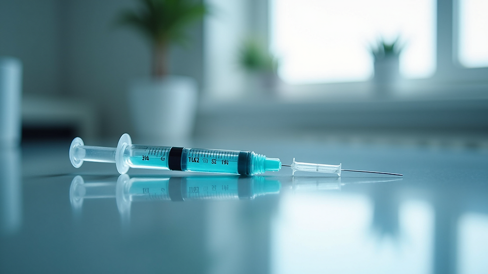Eye-level view of an empty syringe on a reflective surface