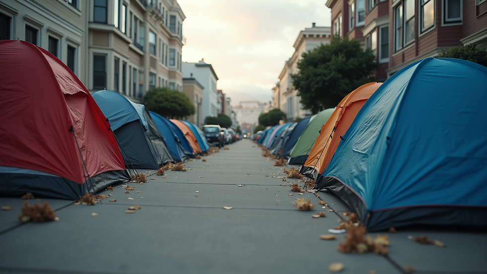 Eye-level view of a temporary homeless shelter set up in a San Francisco neighborhood